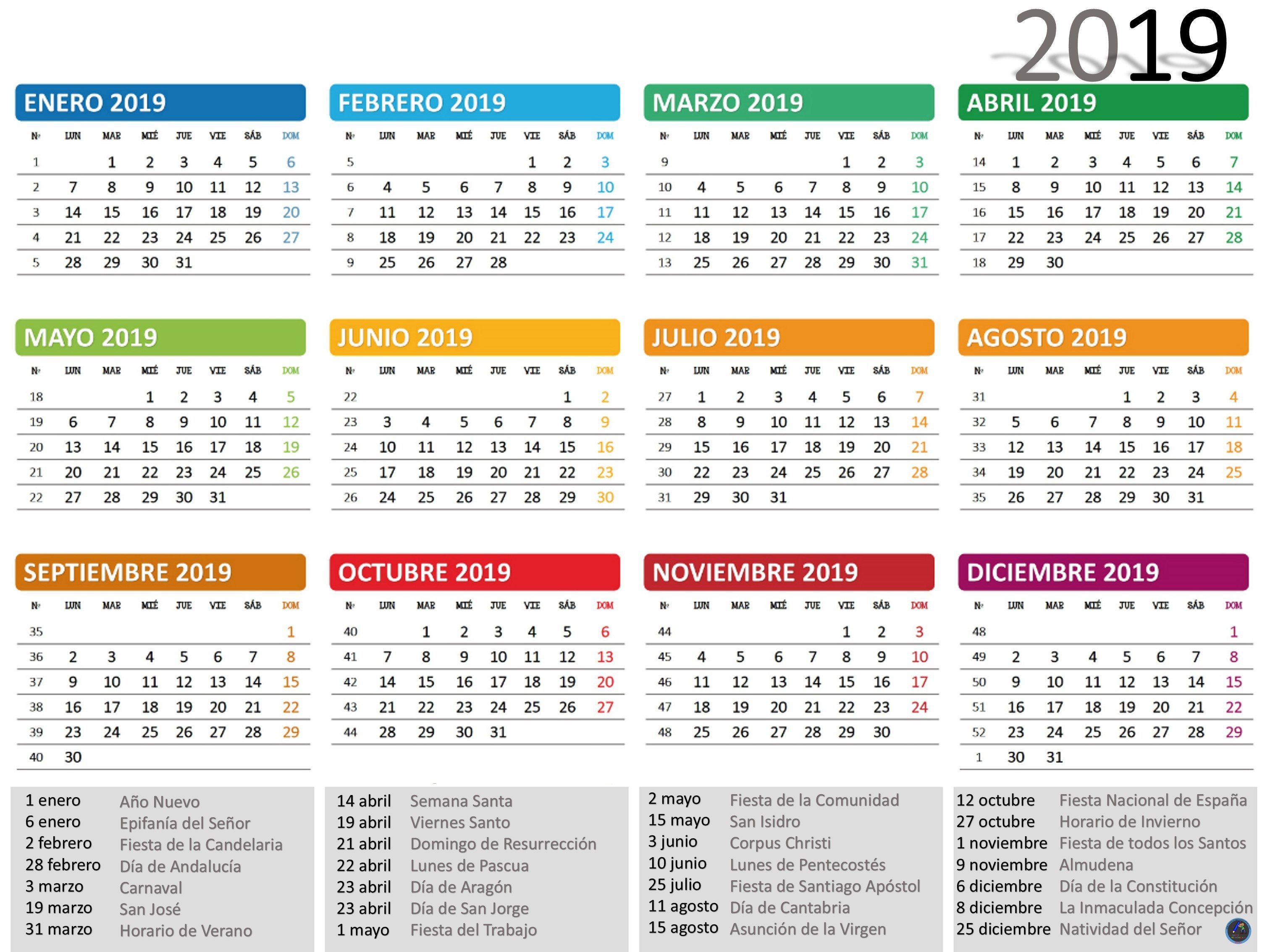 calendario 2019 con semana fiscal